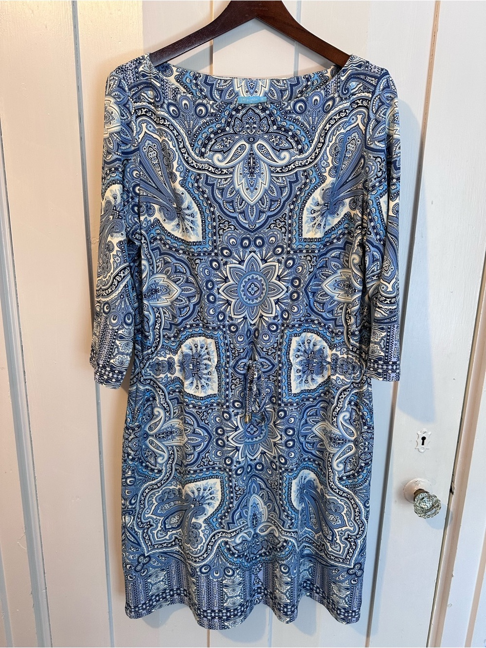J. McLaughlin Blue and White Paisley-Print Long Sleeve Dress
